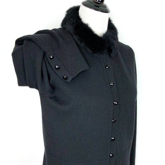 J. Mclaughlin Wool Button Up Rabbit Fur Collar Cardigan Sweater Black Size L - Picture 5 of 16
